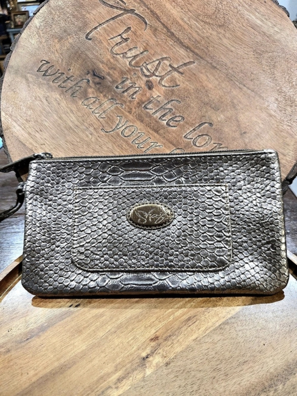Sharif Croc- Embossed Textured Wristlet Clutch in Metallic Gray. GUC